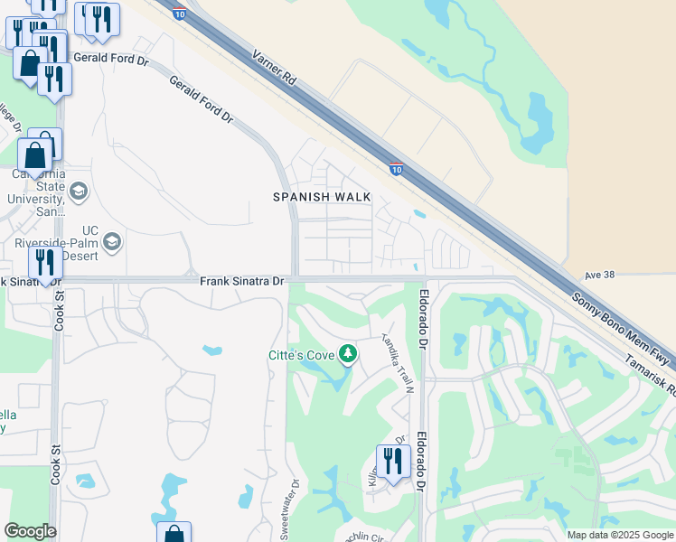 map of restaurants, bars, coffee shops, grocery stores, and more near 659 Calle Vibrante in Palm Desert