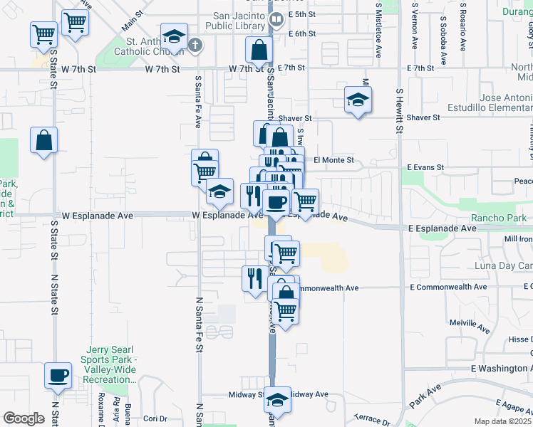 map of restaurants, bars, coffee shops, grocery stores, and more near 1520 West Esplanade Avenue in San Jacinto