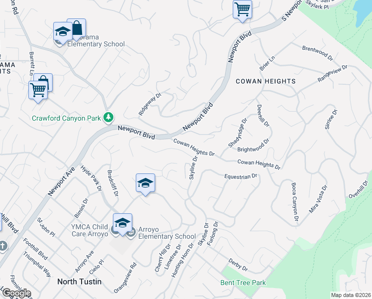 map of restaurants, bars, coffee shops, grocery stores, and more near 1242 Peacock Hill Drive in Santa Ana
