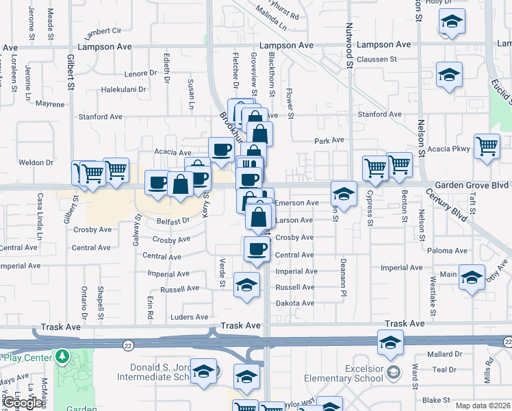 map of restaurants, bars, coffee shops, grocery stores, and more near 13101 Brookhurst Street in Garden Grove