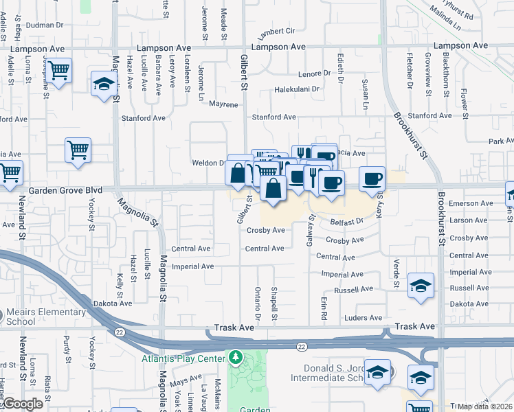 map of restaurants, bars, coffee shops, grocery stores, and more near 13100 Gilbert Street in Garden Grove