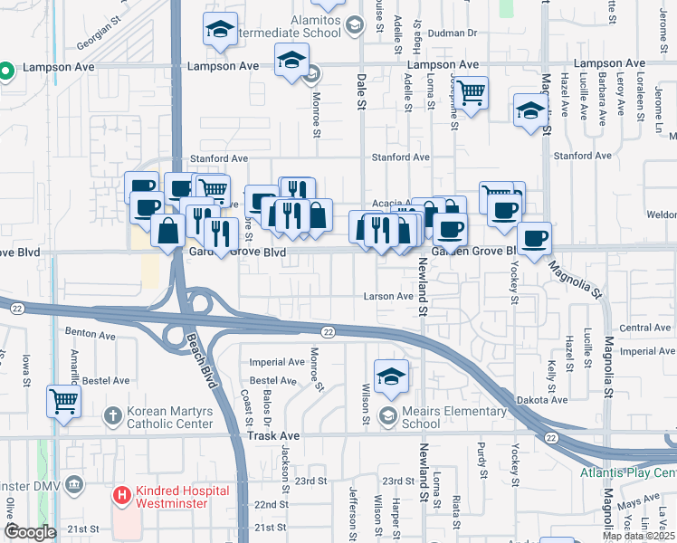 map of restaurants, bars, coffee shops, grocery stores, and more near 13101 Monroe Street in Garden Grove