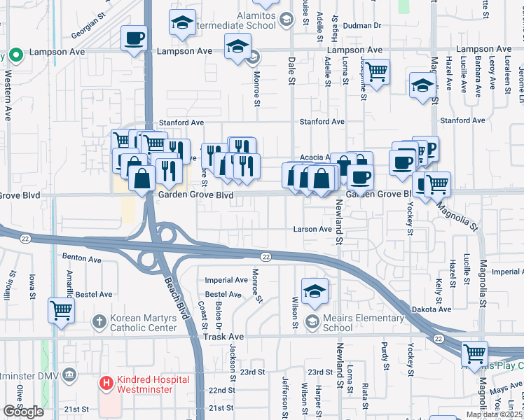 map of restaurants, bars, coffee shops, grocery stores, and more near 13101 Monroe Street in Garden Grove