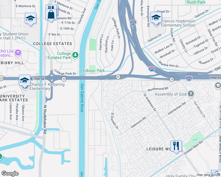 map of restaurants, bars, coffee shops, grocery stores, and more near 1100 Brookline Road in Seal Beach