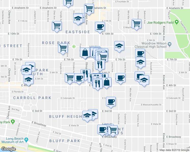 map of restaurants, bars, coffee shops, grocery stores, and more near 444 Coronado Avenue in Long Beach