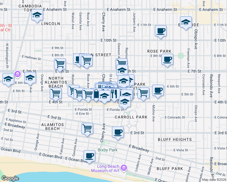 map of restaurants, bars, coffee shops, grocery stores, and more near in Long Beach