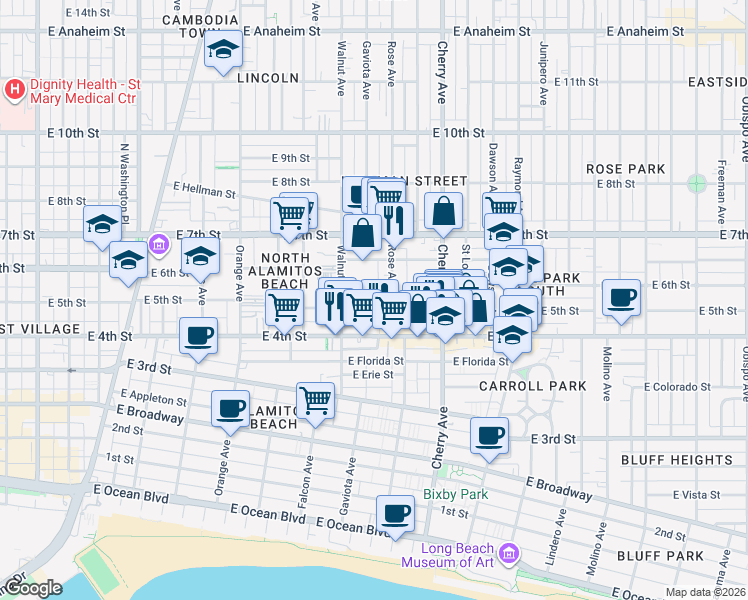 map of restaurants, bars, coffee shops, grocery stores, and more near 443 Rose Avenue in Long Beach