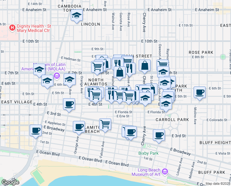 map of restaurants, bars, coffee shops, grocery stores, and more near 453 Gaviota Avenue in Long Beach