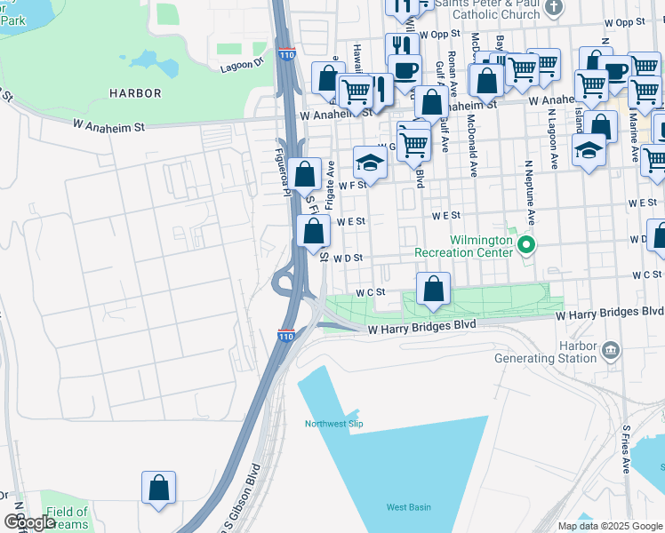 map of restaurants, bars, coffee shops, grocery stores, and more near 1310 West D Street in Los Angeles