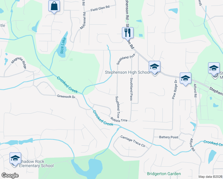 map of restaurants, bars, coffee shops, grocery stores, and more near 855 Southland Point in Stone Mountain