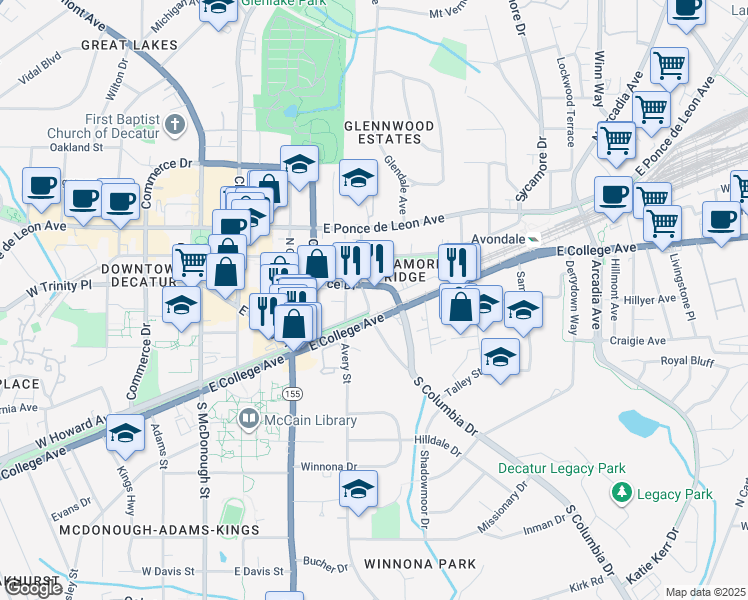map of restaurants, bars, coffee shops, grocery stores, and more near in Decatur