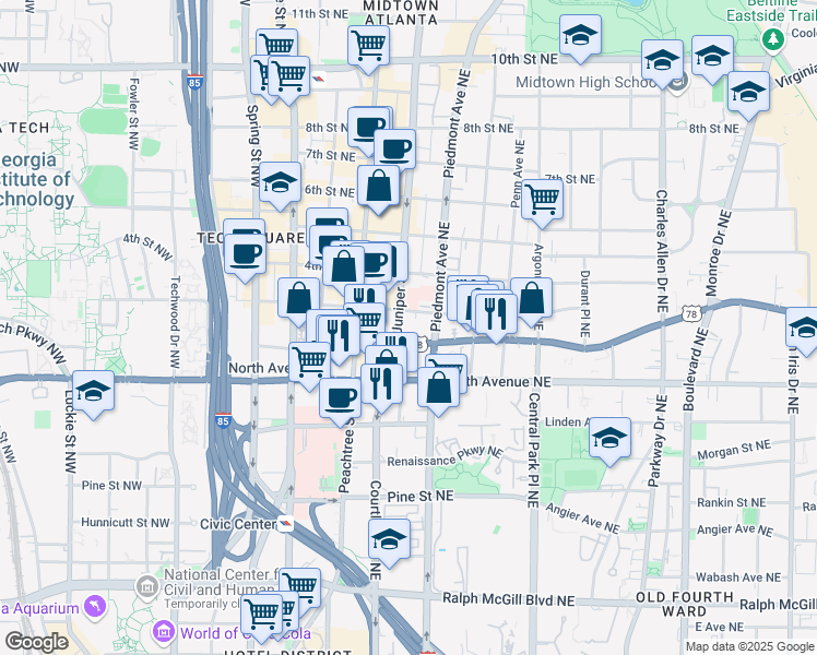 map of restaurants, bars, coffee shops, grocery stores, and more near 150 Ponce De Leon Avenue Northeast in Atlanta