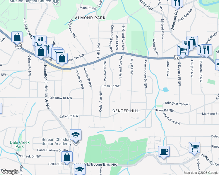 map of restaurants, bars, coffee shops, grocery stores, and more near 633 Cedar Avenue Northwest in Atlanta