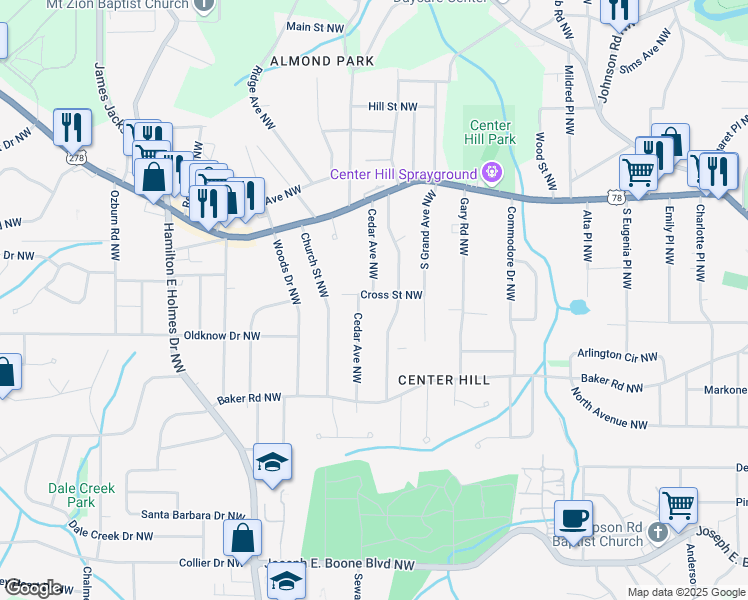 map of restaurants, bars, coffee shops, grocery stores, and more near 2376 Cross Street Northwest in Atlanta
