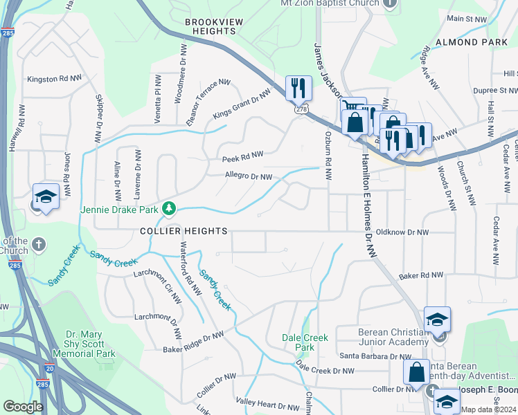 map of restaurants, bars, coffee shops, grocery stores, and more near 2849 Crescendo Drive Northwest in Atlanta