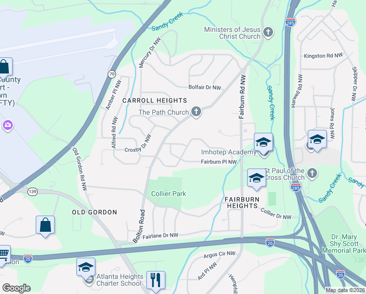 map of restaurants, bars, coffee shops, grocery stores, and more near 3519 Adkins Road Northwest in Atlanta