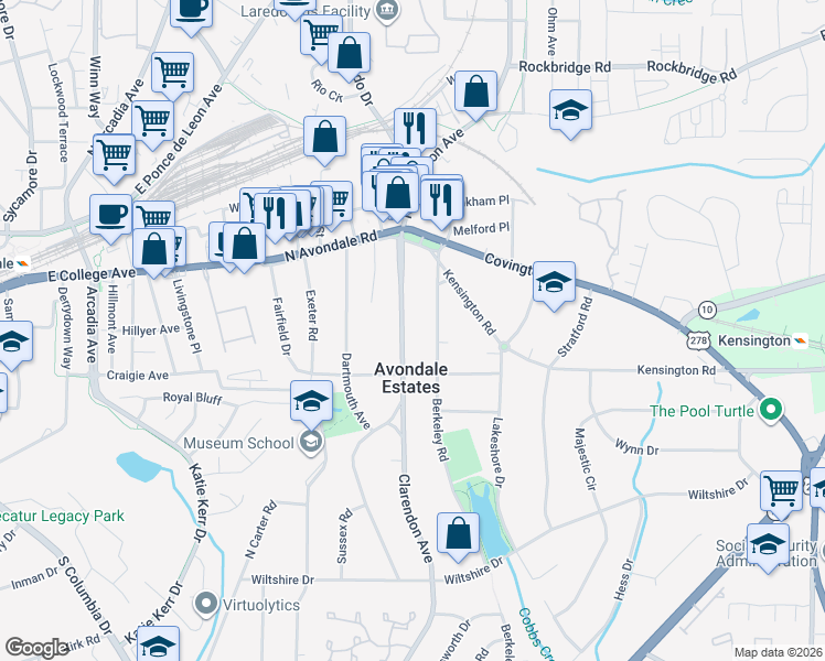 map of restaurants, bars, coffee shops, grocery stores, and more near 32 Clarendon Avenue in Avondale Estates