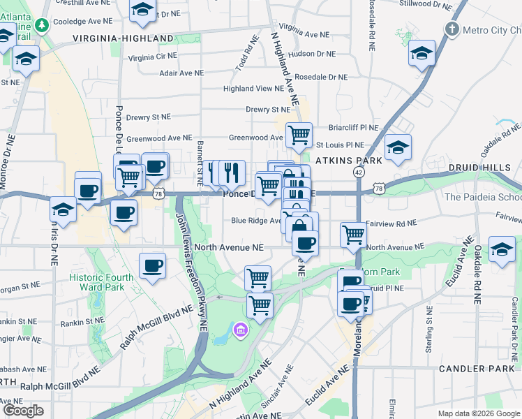 map of restaurants, bars, coffee shops, grocery stores, and more near 980 Blue Ridge Avenue Northeast in Atlanta