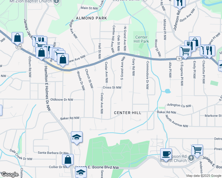 map of restaurants, bars, coffee shops, grocery stores, and more near 633 Cedar Avenue Northwest in Atlanta