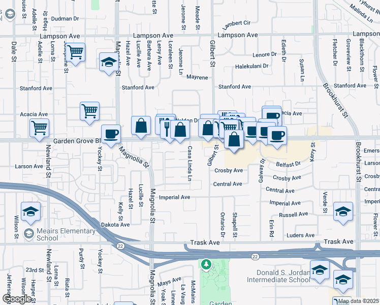 map of restaurants, bars, coffee shops, grocery stores, and more near 13087 Casa Linda Ln in Garden Grove
