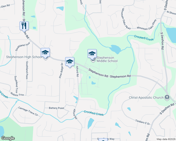 map of restaurants, bars, coffee shops, grocery stores, and more near 917 Stephenson Road in Stone Mountain