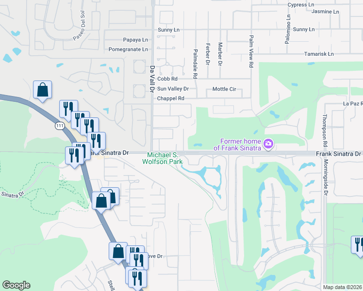 map of restaurants, bars, coffee shops, grocery stores, and more near 70152 Frank Sinatra Drive in Rancho Mirage