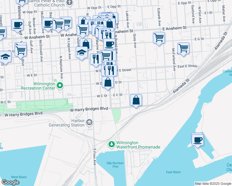 map of restaurants, bars, coffee shops, grocery stores, and more near 108 East C Street in Los Angeles