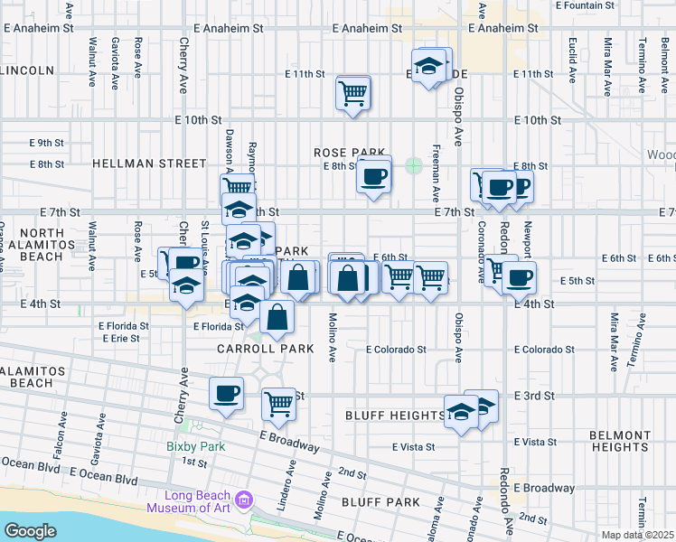map of restaurants, bars, coffee shops, grocery stores, and more near 442 Molino Avenue in Long Beach