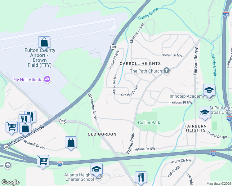 map of restaurants, bars, coffee shops, grocery stores, and more near 3777 Crosby Drive Northwest in Atlanta