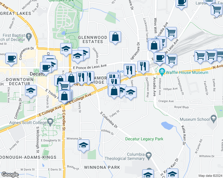 map of restaurants, bars, coffee shops, grocery stores, and more near 619 East College Avenue in Decatur