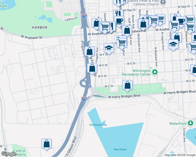 map of restaurants, bars, coffee shops, grocery stores, and more near 1310 West D Street in Los Angeles