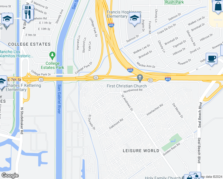 map of restaurants, bars, coffee shops, grocery stores, and more near 1020 Foxburg Road in Seal Beach