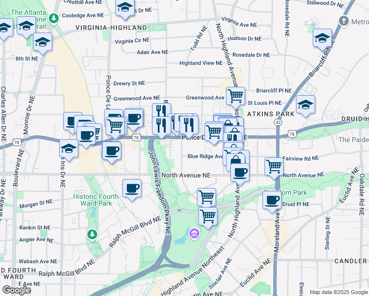 map of restaurants, bars, coffee shops, grocery stores, and more near 679 Linwood Avenue Northeast in Atlanta