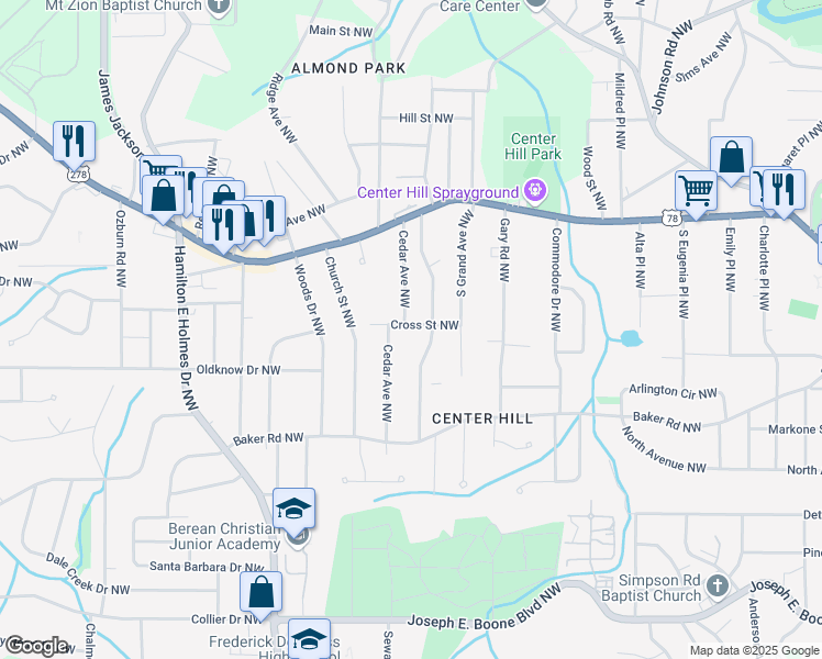 map of restaurants, bars, coffee shops, grocery stores, and more near 676 Cedar Avenue Northwest in Atlanta