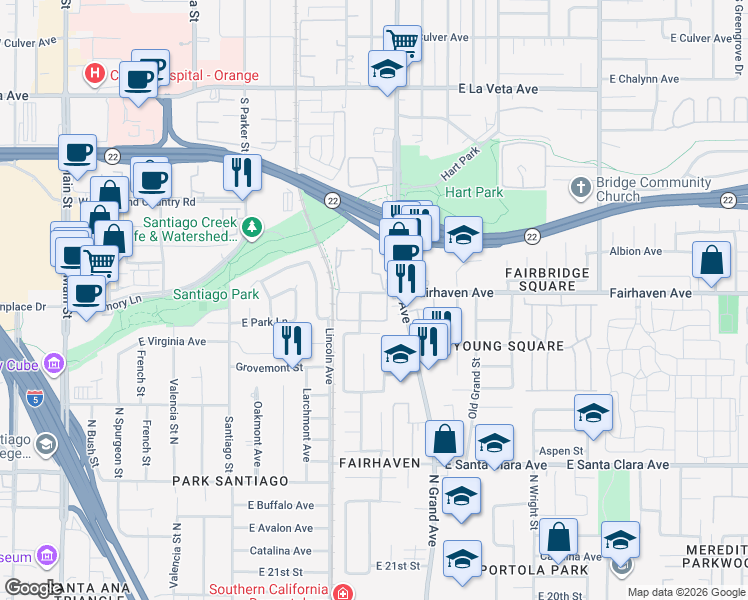map of restaurants, bars, coffee shops, grocery stores, and more near 1200 Fairhaven Avenue in Santa Ana