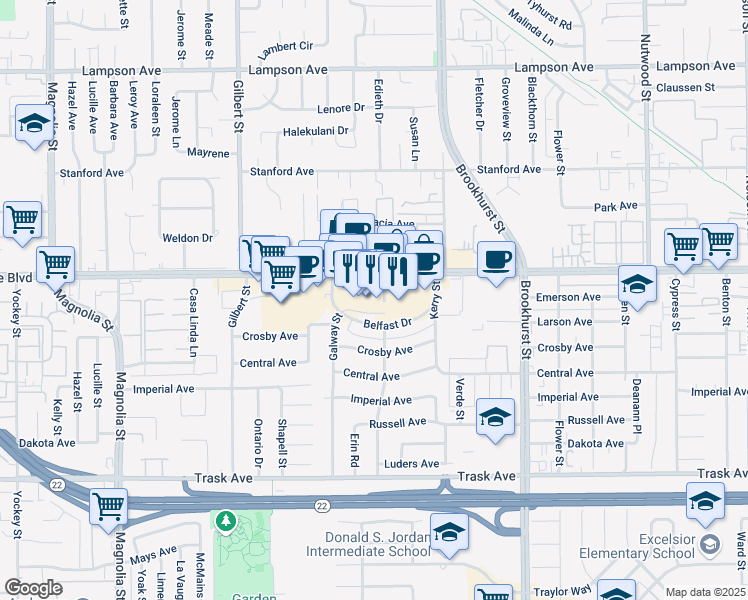 map of restaurants, bars, coffee shops, grocery stores, and more near 9786 Garden Grove Boulevard in Garden Grove