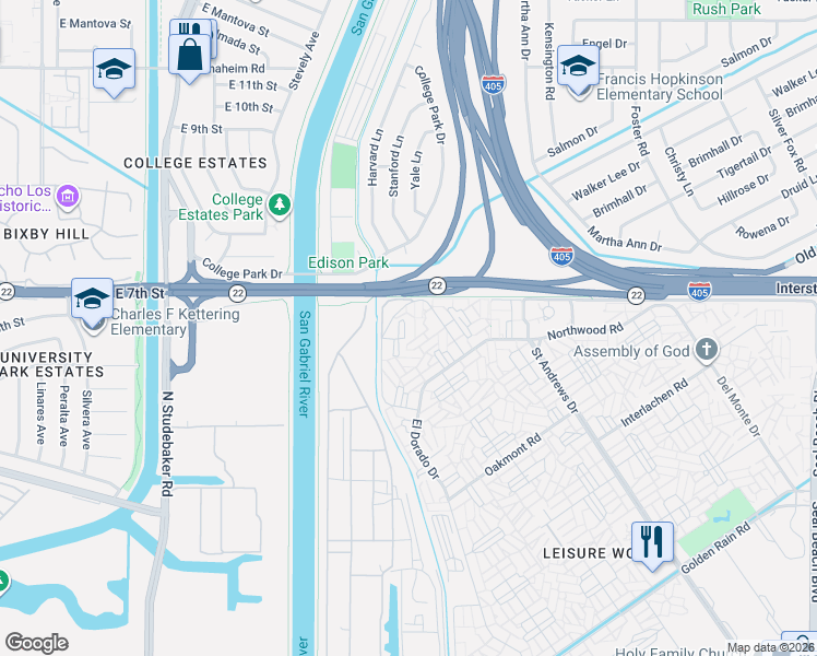 map of restaurants, bars, coffee shops, grocery stores, and more near 1075 Brookline Road in Seal Beach