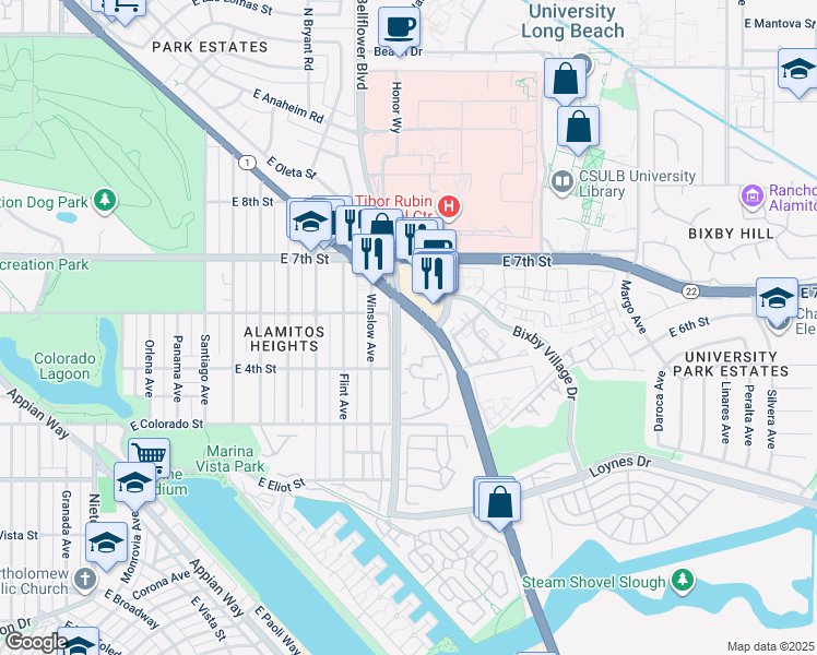 map of restaurants, bars, coffee shops, grocery stores, and more near 576 North Bellflower Boulevard in Long Beach