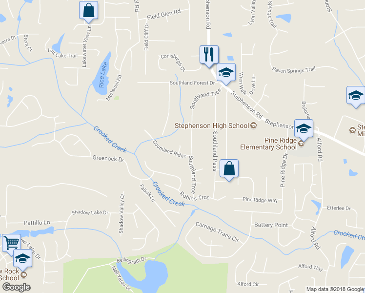 map of restaurants, bars, coffee shops, grocery stores, and more near 855 Southland Point in Stone Mountain