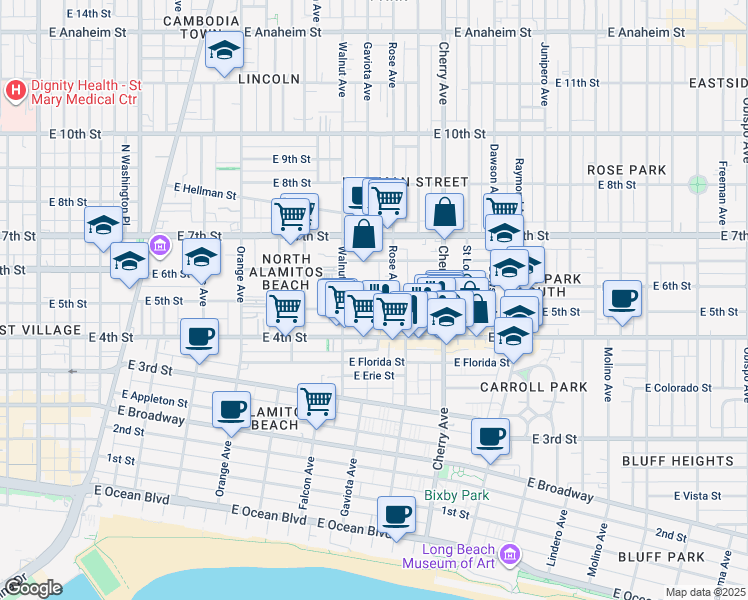 map of restaurants, bars, coffee shops, grocery stores, and more near 468 Gaviota Avenue in Long Beach