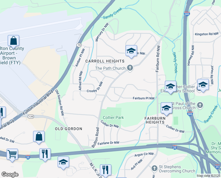 map of restaurants, bars, coffee shops, grocery stores, and more near 685 Bolton Road Northwest in Atlanta