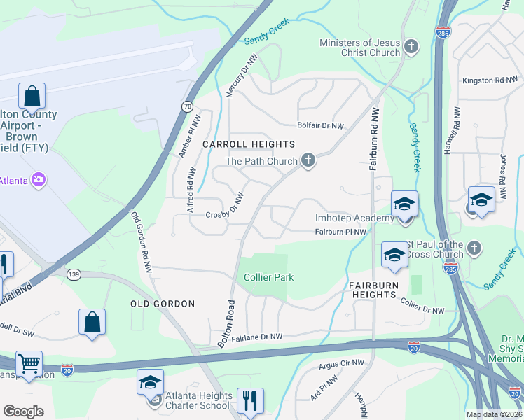 map of restaurants, bars, coffee shops, grocery stores, and more near 675 Bolton Road Northwest in Atlanta