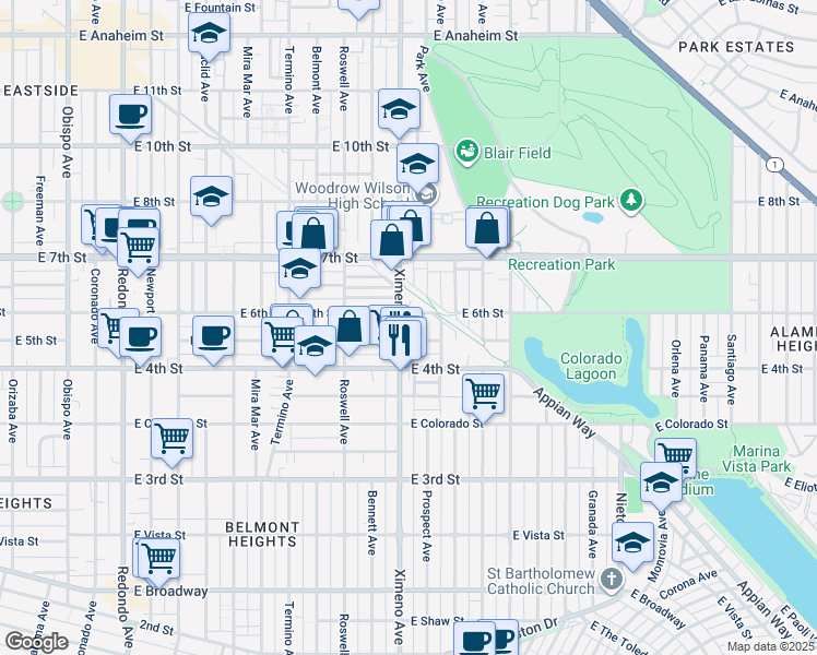 map of restaurants, bars, coffee shops, grocery stores, and more near 500 Ximeno Avenue in Long Beach