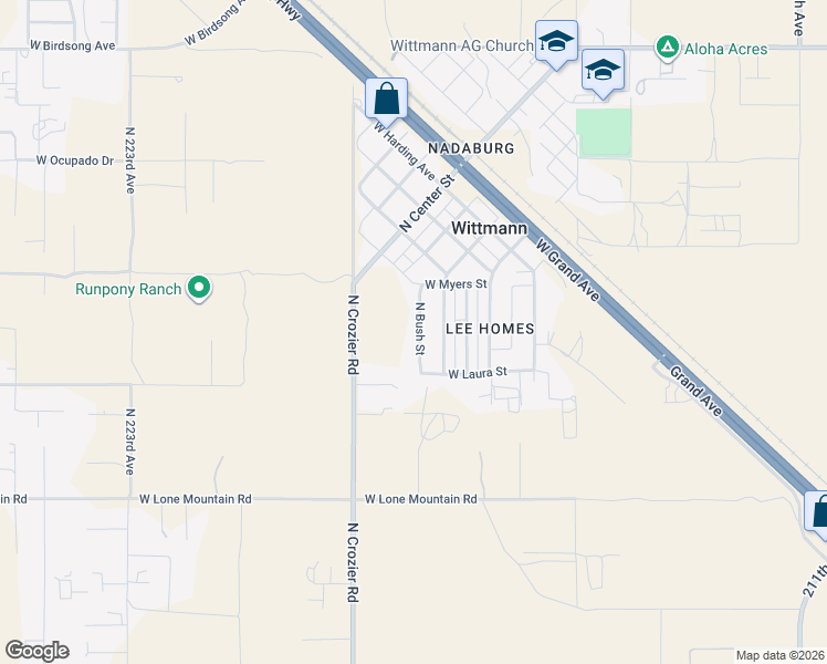 map of restaurants, bars, coffee shops, grocery stores, and more near 31922 North Bush Street in Wittmann