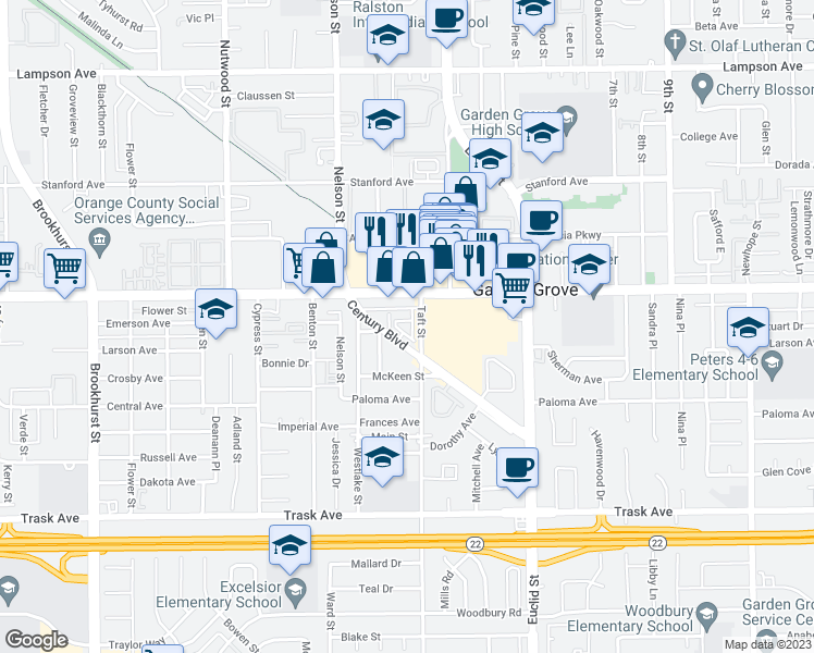 map of restaurants, bars, coffee shops, grocery stores, and more near in Garden Grove