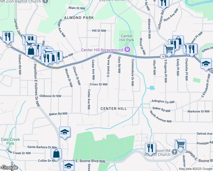 map of restaurants, bars, coffee shops, grocery stores, and more near 662 South Grand Avenue Northwest in Atlanta