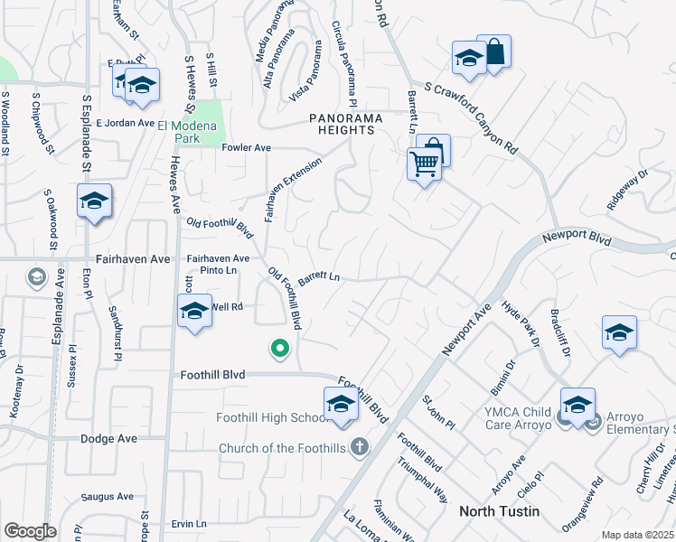 map of restaurants, bars, coffee shops, grocery stores, and more near 19201 Barrett Lane in Santa Ana