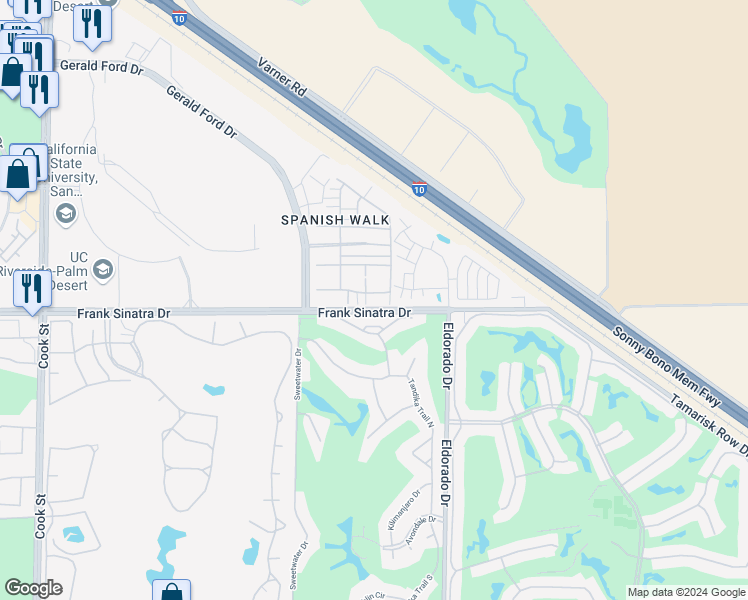 map of restaurants, bars, coffee shops, grocery stores, and more near 669 Calle Vibrante in Palm Desert