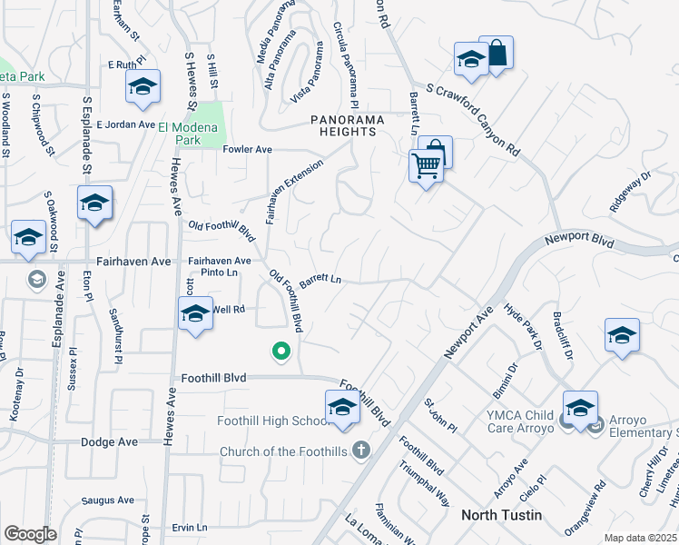 map of restaurants, bars, coffee shops, grocery stores, and more near 19182 Barrett Lane in Santa Ana