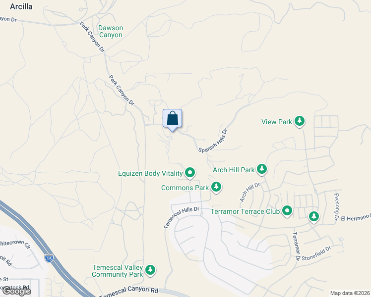 map of restaurants, bars, coffee shops, grocery stores, and more near Spanish Hills Drive in Riverside County